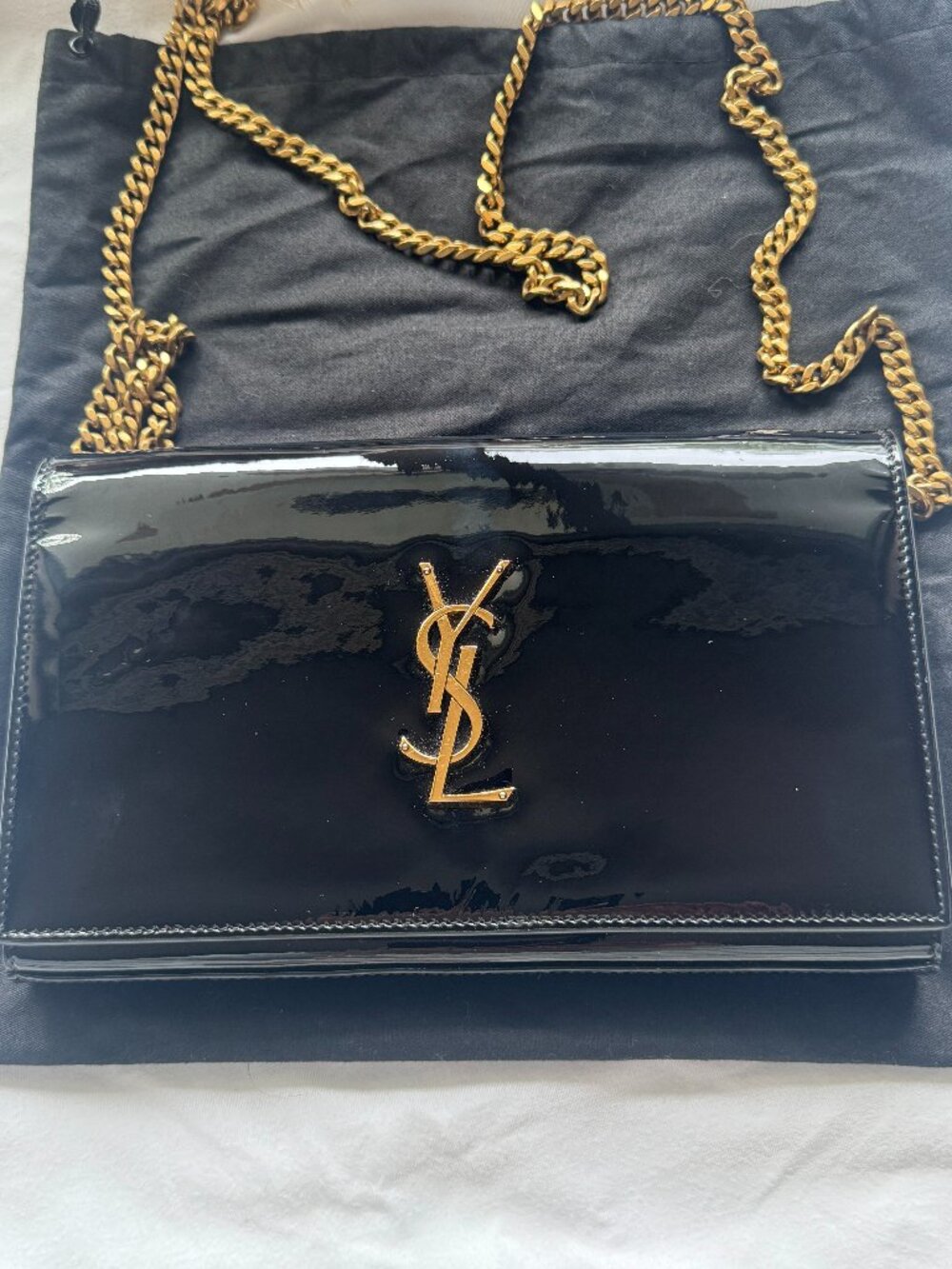 YSL SAINT LAURENT PATENT LEATHER UPTOWN SHOULDER CHAIN BLACK BAG WITH RECEIPT